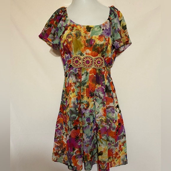Ice Dresses & Skirts - Ice Floral Chiffon Ruffle Sleeve Dress, Size 10